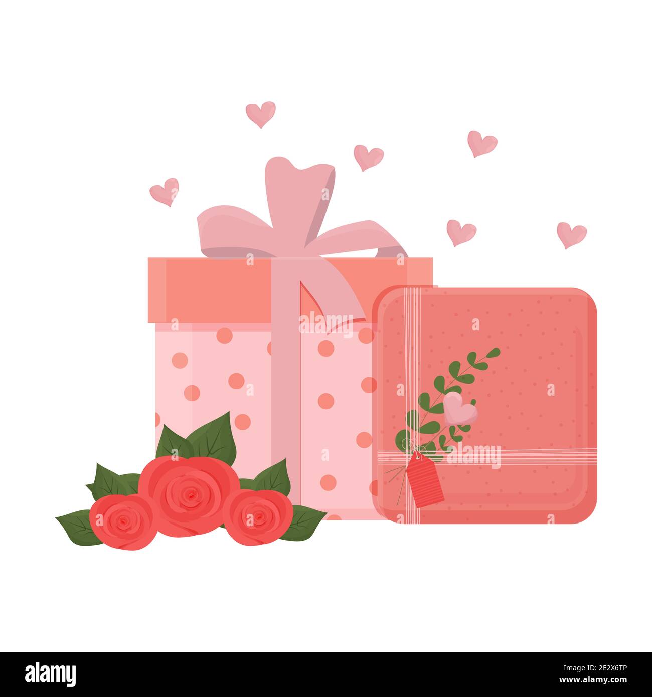 Valentine Geschenk-Boxen, Geschenke mit Strauß von Rosen, elegante Komposition isoliert auf weißem Hintergrund. Hochzeit, romantische niedliche Dekoration. Vektorgrafik Stock Vektor