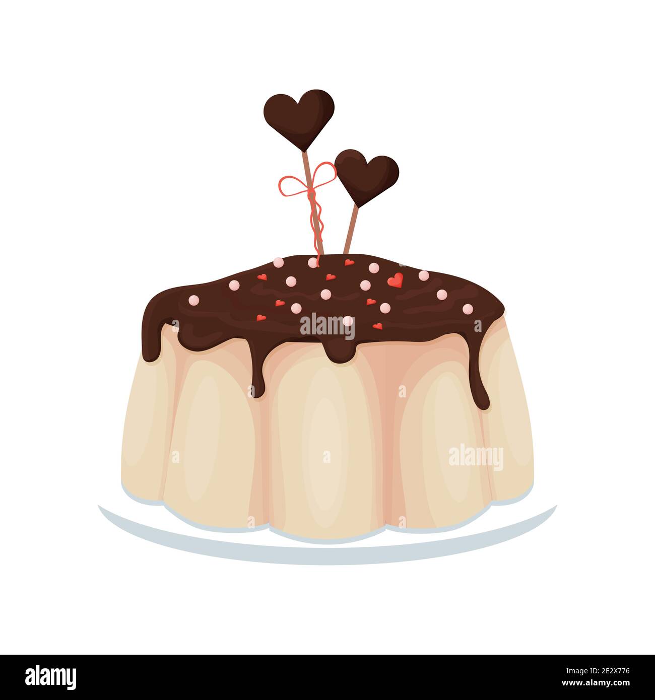 Leckere Pudding mit Schokoladenglasur, Süßwaren Dessert, Urlaubsmenü isoliert auf weißem Hintergrund. Ein Clipart, Design-Element mit Herzform Stock Vektor