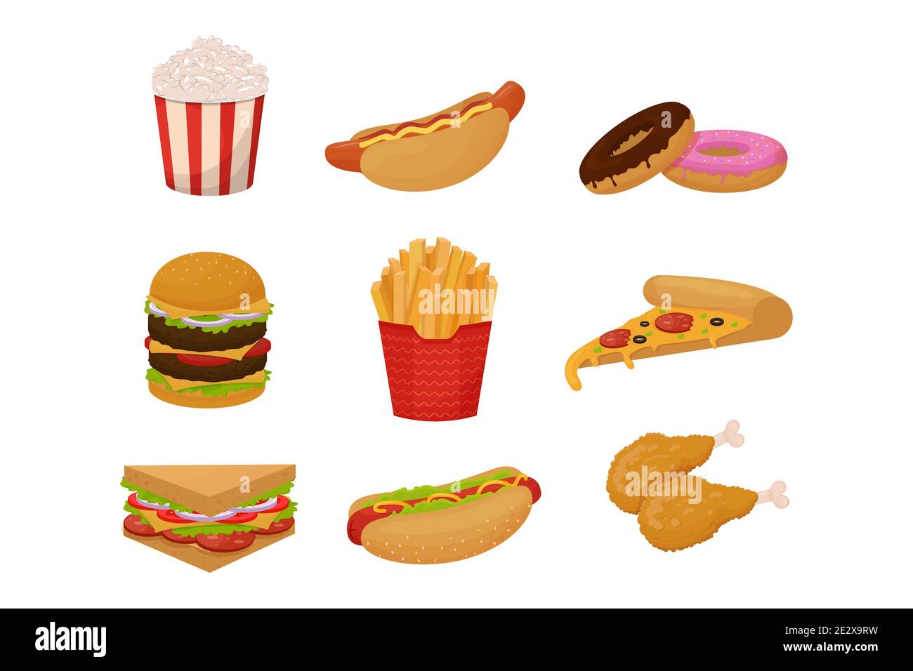 Satz von Fast Food Symbol, Objekte. Bunte detaillierte Sammlung von Mahlzeit isoliert auf weißem Hintergrund in Cartoon-Flat-Stil. Vektorgrafik Stock Vektor