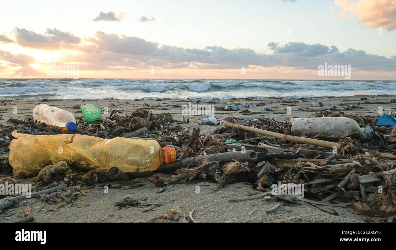 Plastikflaschen, die auf Verschmutzung kontaminierte Ozeanseeküste, Sonnenuntergangszeit, Umwelt weggeworfen werden Abfall Stockfoto
