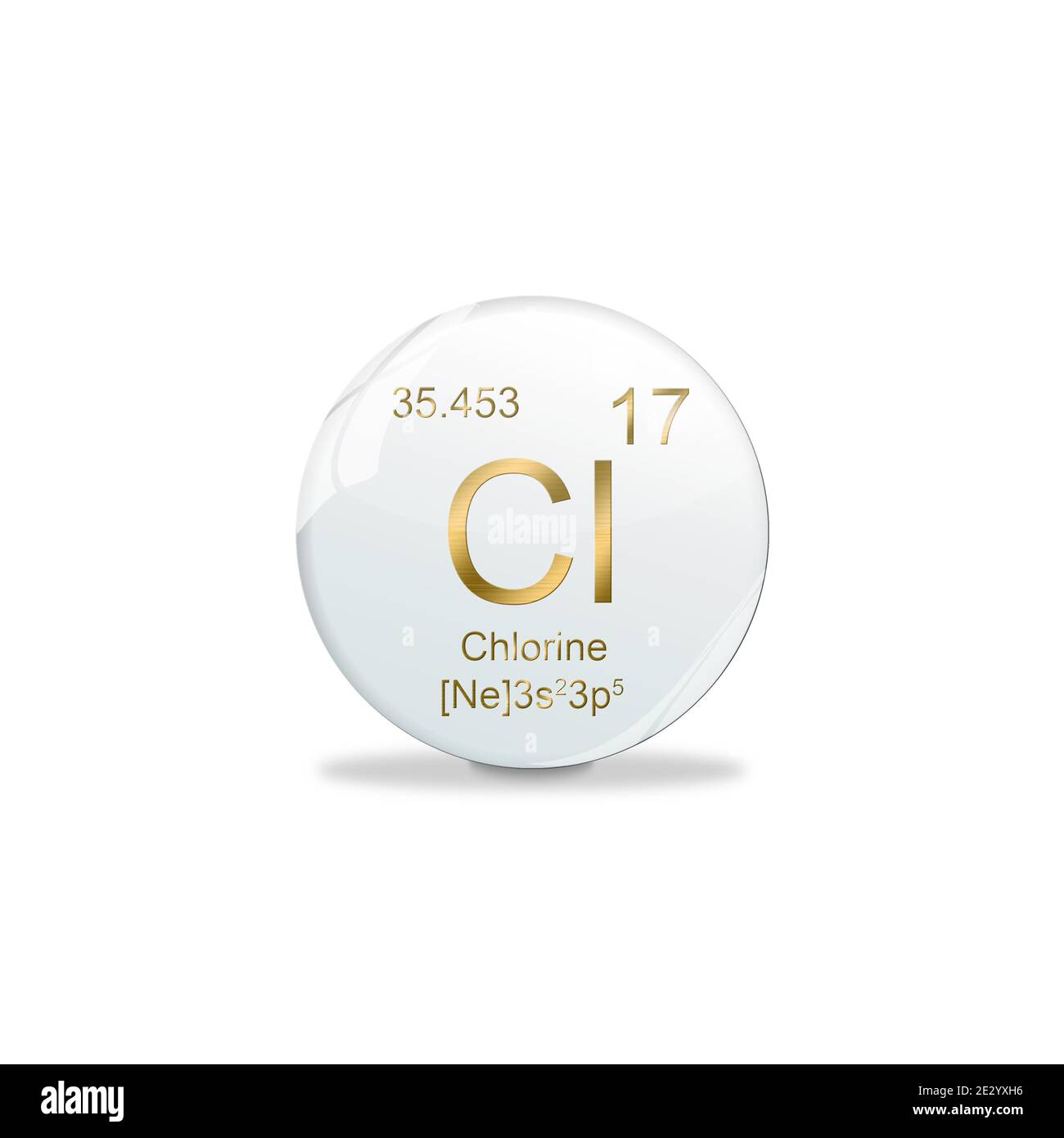 3D-Illustration, Chlor-Symbol -Cl. Element des Periodensystems auf der weißen Kugel mit goldenen Zeichen. Weißer Hintergrund Stockfoto