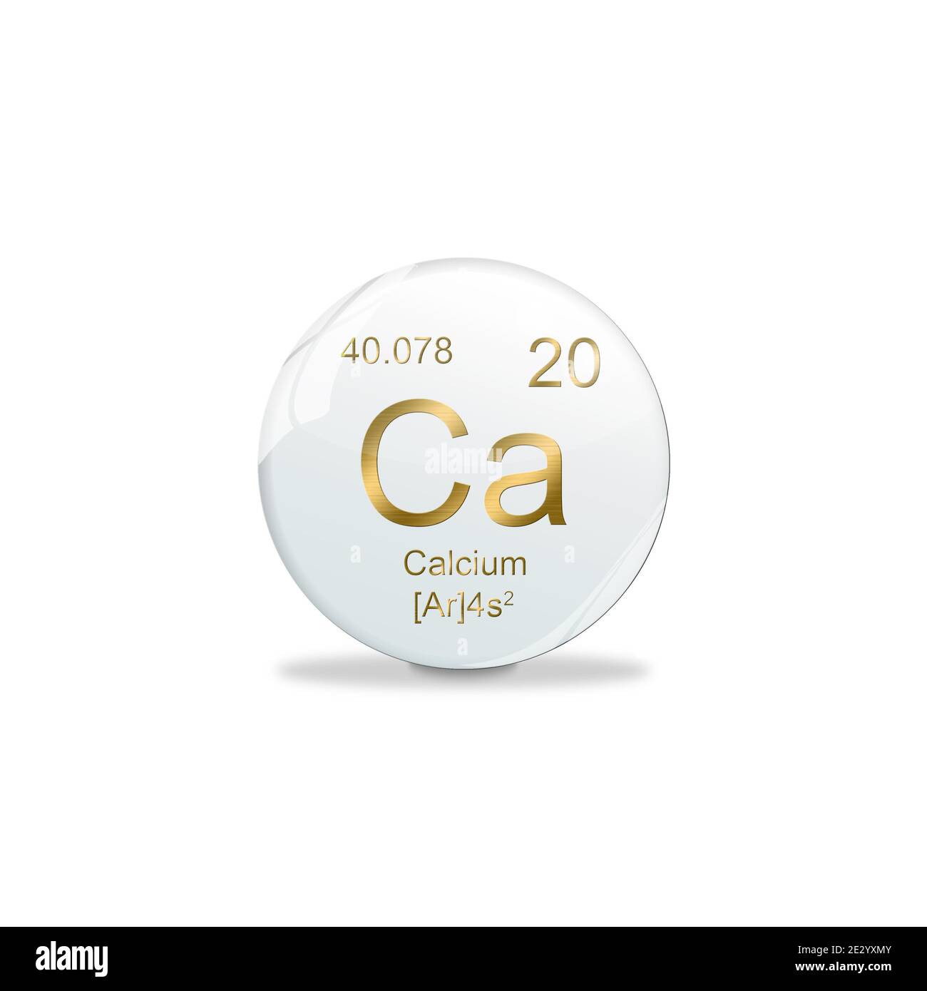 3D-Illustration, Calcium Symbol - ca. Element des Periodensystems auf der weißen Kugel mit goldenen Zeichen. Weißer Hintergrund Stockfoto