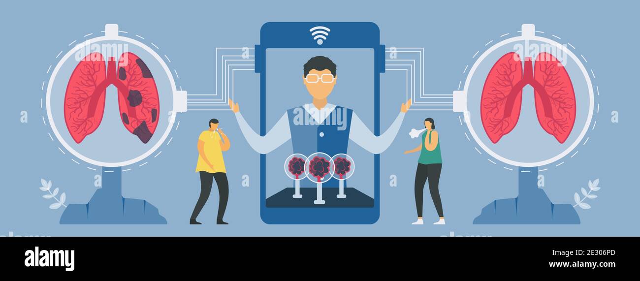 Neue Technologie für die Lungendiagnostik auf dem Smartphone. Chronisch obstruktive Lungenerkrankung verursacht Atemprobleme und schlechten Luftstrom. Pneumologie-Vektor Stock Vektor