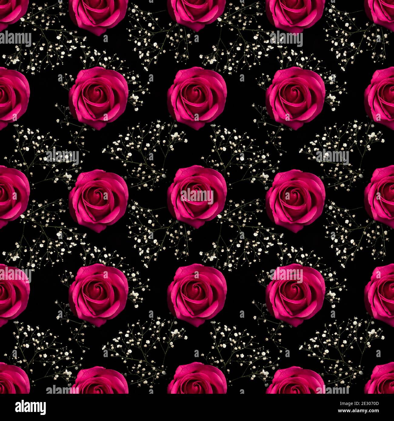 Rosa Rosen auf schwarzem Hintergrund mit Ast und kleinen weißen Blumen nahtlose Muster-Design. Kann gekachelt werden Stockfoto