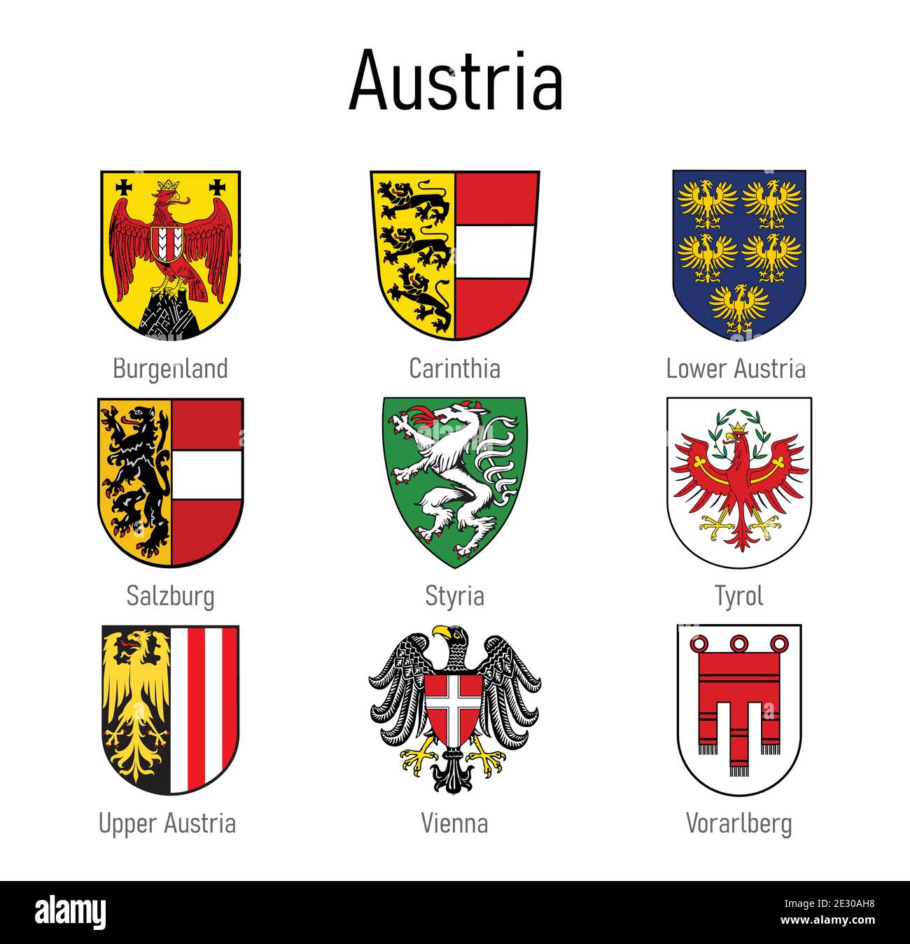 Wappen der Bundesländer Österreich, Alle österreichischen Regionen Emblem Sammlung Stock