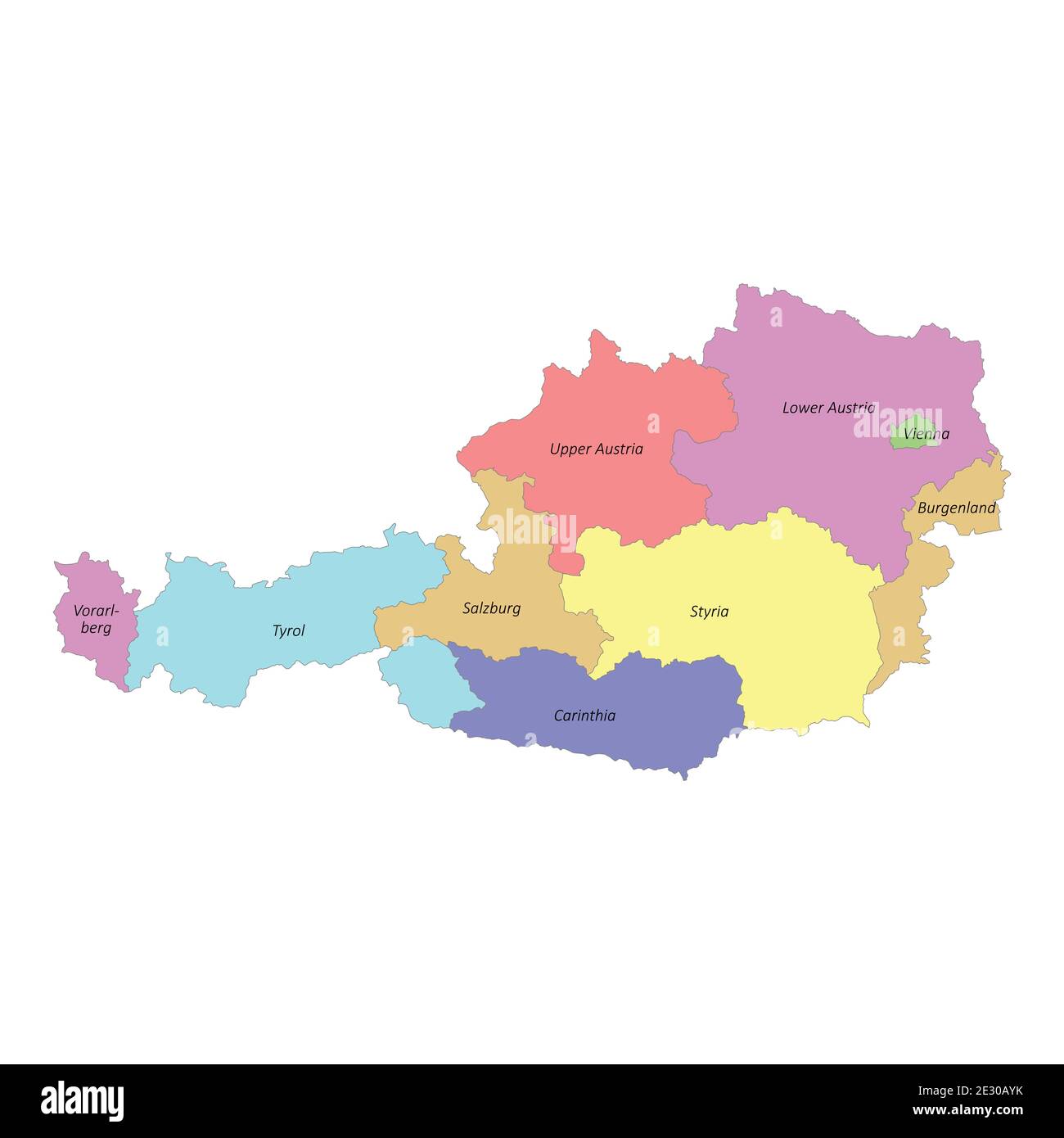 Hochwertige bunt beschriftete Karte von Österreich mit Grenzen von Die Zustände Stock Vektor