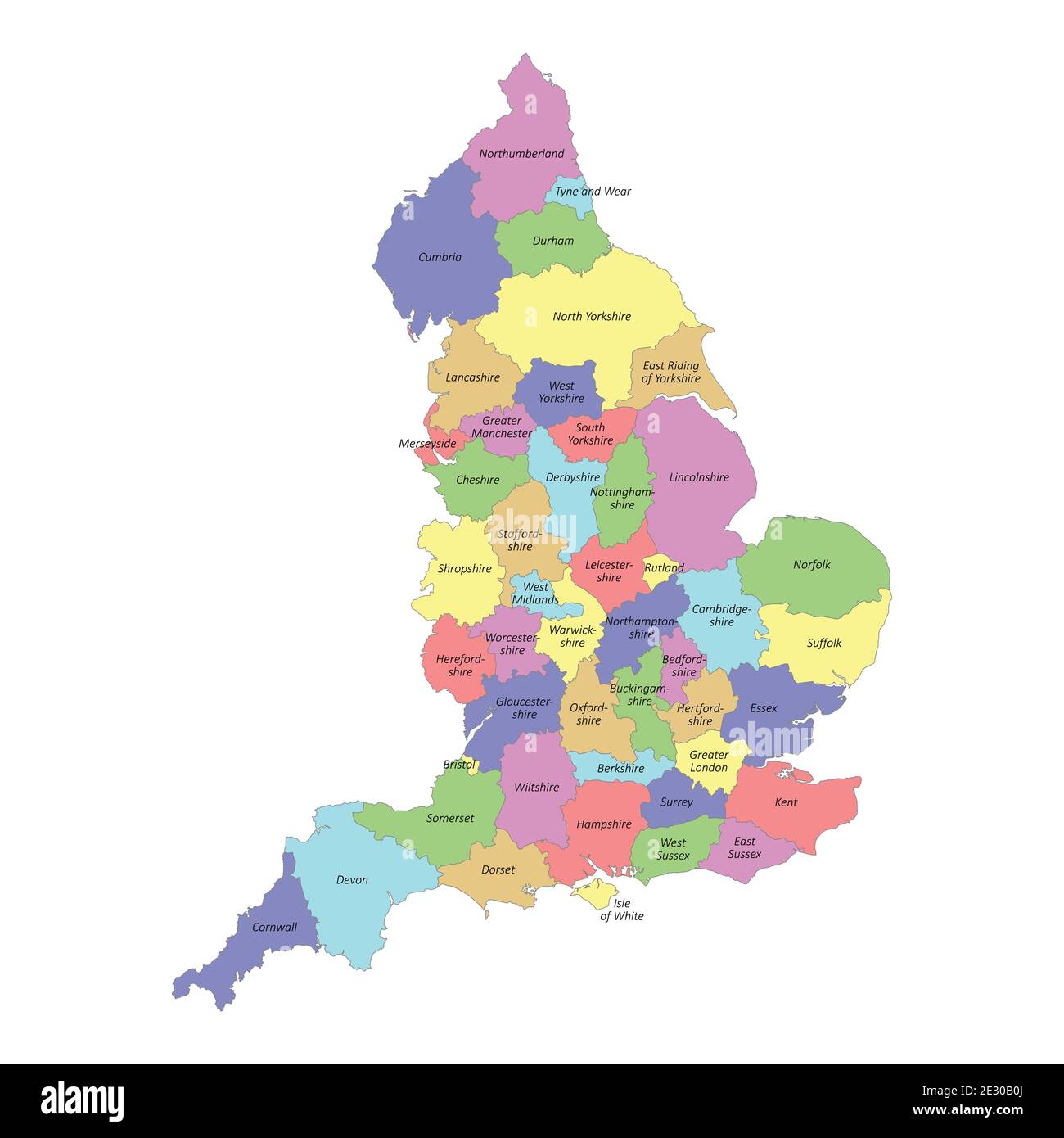 Hochwertige bunt beschriftete Karte von England mit Grenzen von Die Grafschaften Stock Vektor