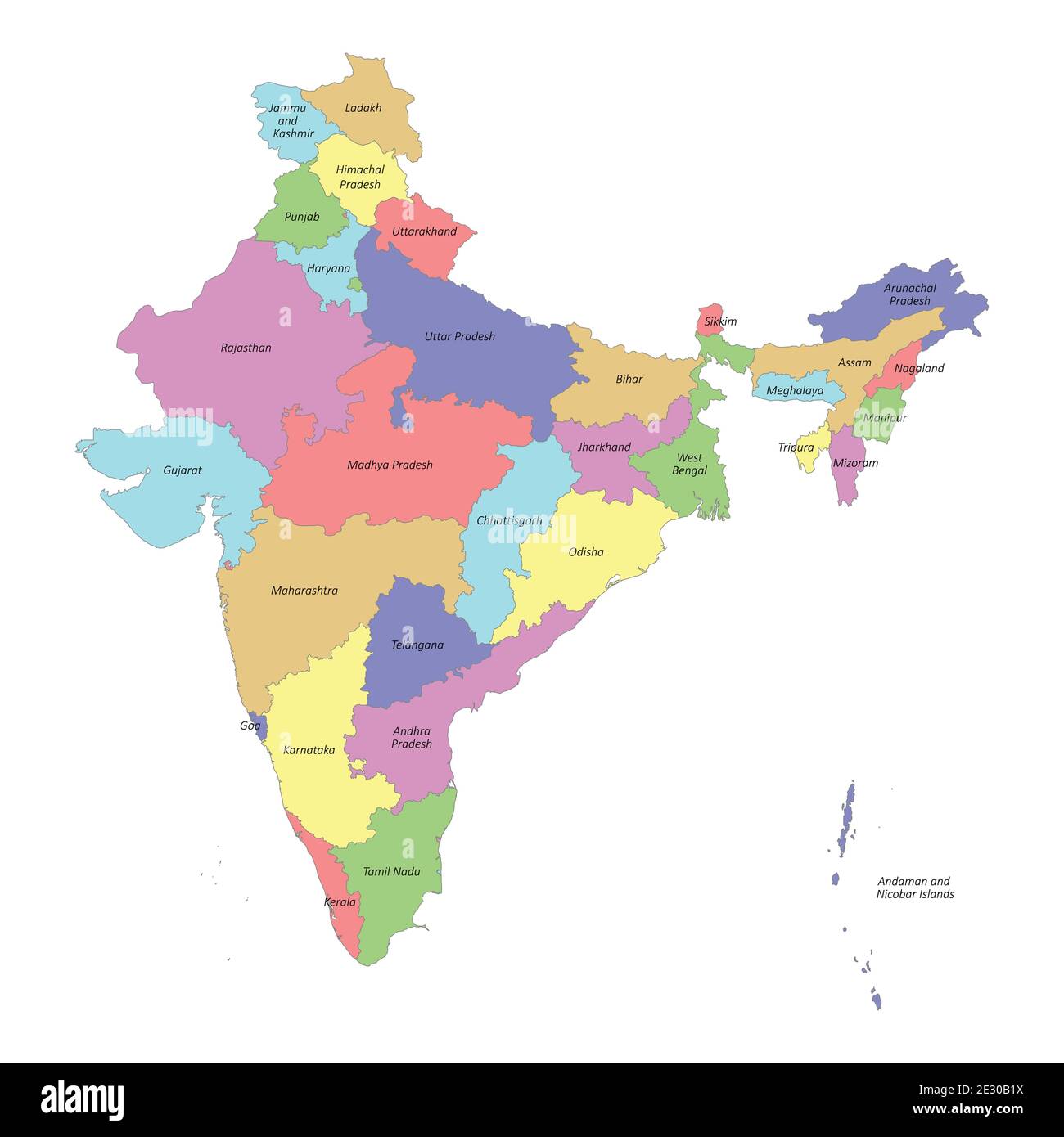 Hochwertige bunt beschriftete Karte von Indien mit Grenzen von Die Zustände Stock Vektor