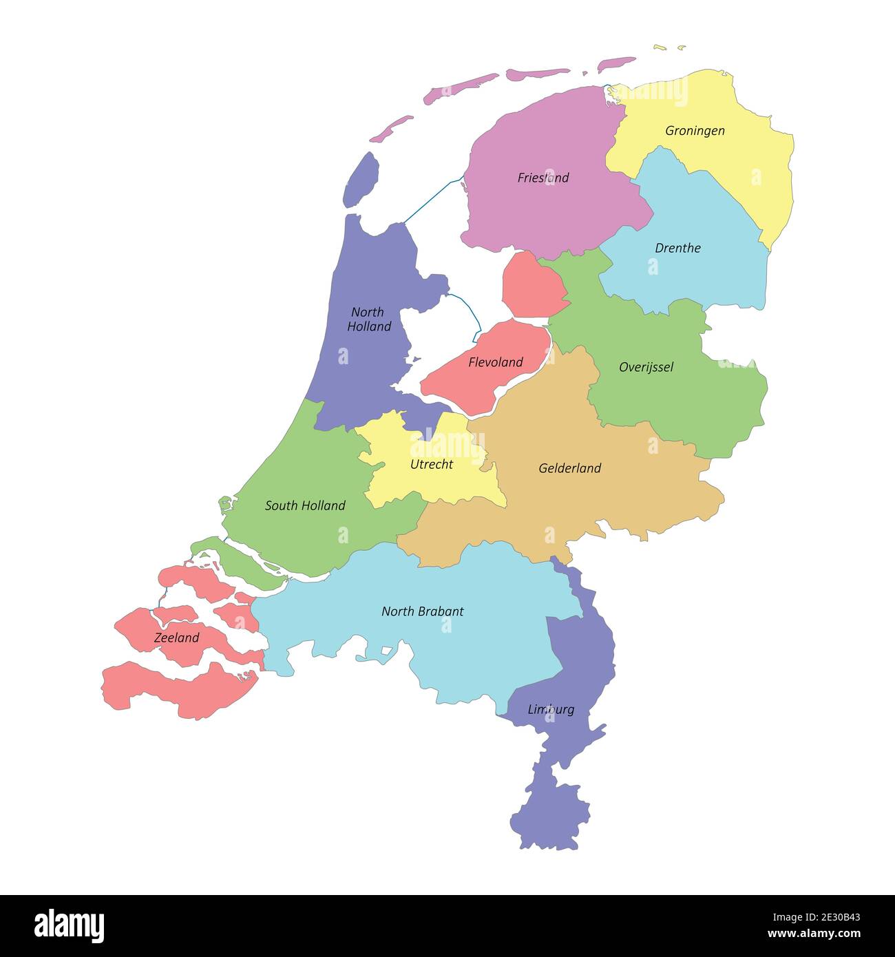 Hochwertige bunt beschriftete Karte der Niederlande mit Grenzen von Die Provinzen Stock Vektor