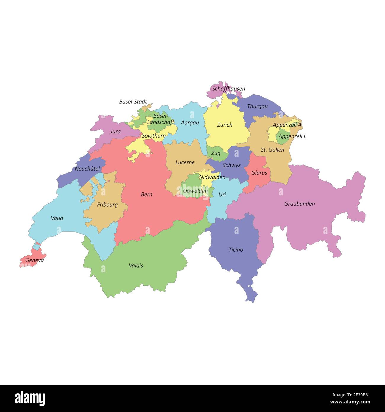 Hochwertige bunt beschriftete Karte der Schweiz mit Grenzen von Die Kantone Stock Vektor