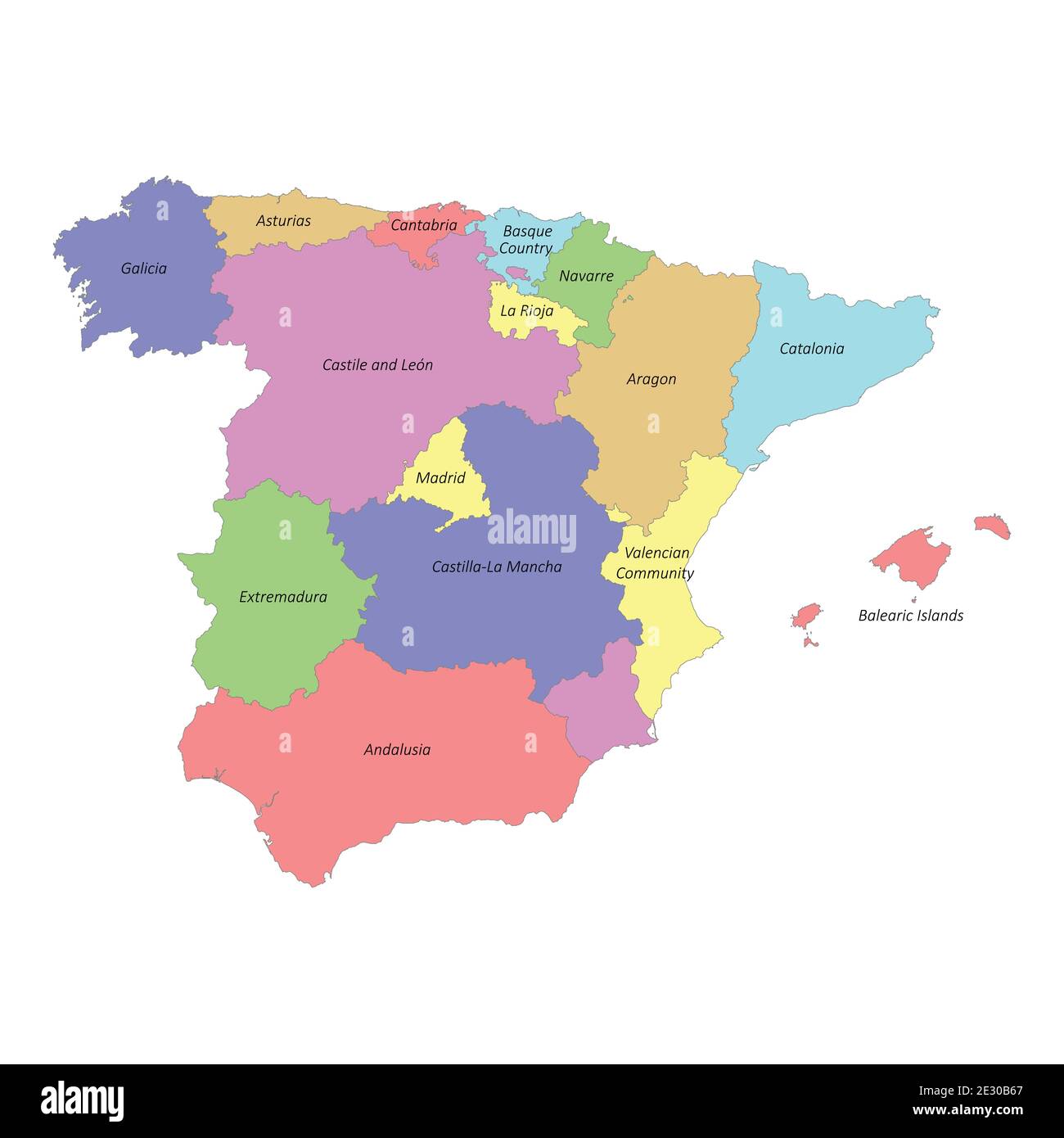 Hochwertige bunt beschriftete Karte von Spanien mit Grenzen von Die Regionen Stock Vektor