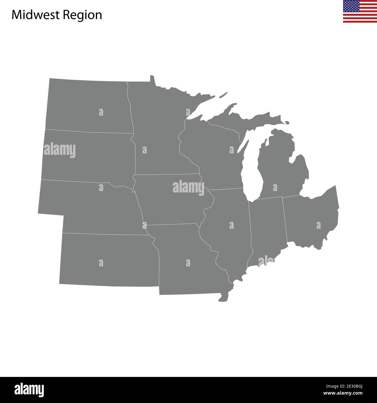 Hochwertige Karte der Region Midwest der Vereinigten Staaten von Amerika mit Grenzen der Staaten Stock Vektor