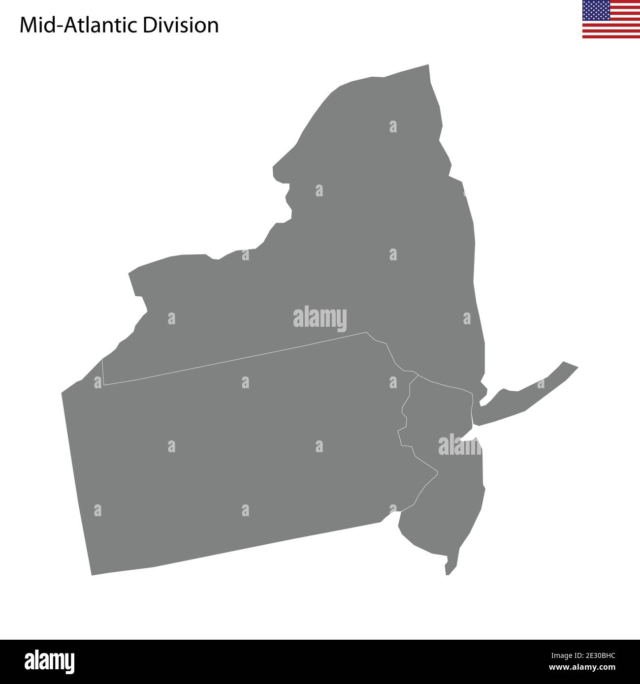 Qualitativ hochwertige Karte der Mid-Atlantic Division der Vereinigten Staaten von Amerika mit Grenzen der Staaten Stock Vektor