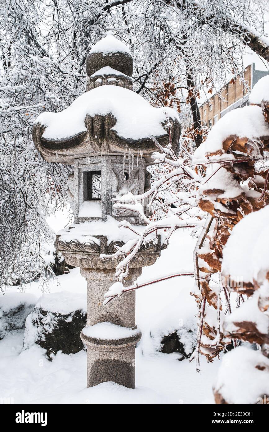 Japanischer Steingarten nach einem Wintereissturm. Bäume bedeckt mit Schnee und Eis. Kaltes, frostiges Schneewetter. Winterlandschaft. Stockfoto