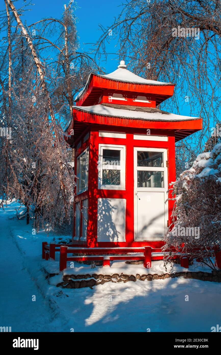 Japanischer Steingarten im Winter. Bäume bedeckt mit Schnee und Eis. Kaltes, frostiges Schneewetter. Wunderschöne Winterlandschaft. Stockfoto