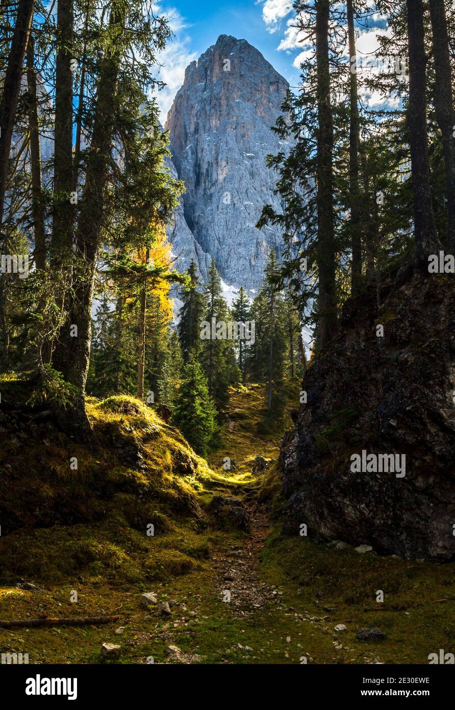 Blick auf den Weg zur Glatschalm im Herbst. Villnösser Tal, Dolomiten, Trentino-Südtirol, Italien. Stockfoto