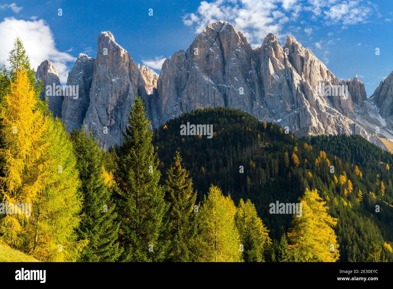 Blick auf die Geisler-Gruppe von der Straße nach Malga Zannes. Villnösser Tal, Dolomiten, Trentino-Südtirol, Italien. Stockfoto