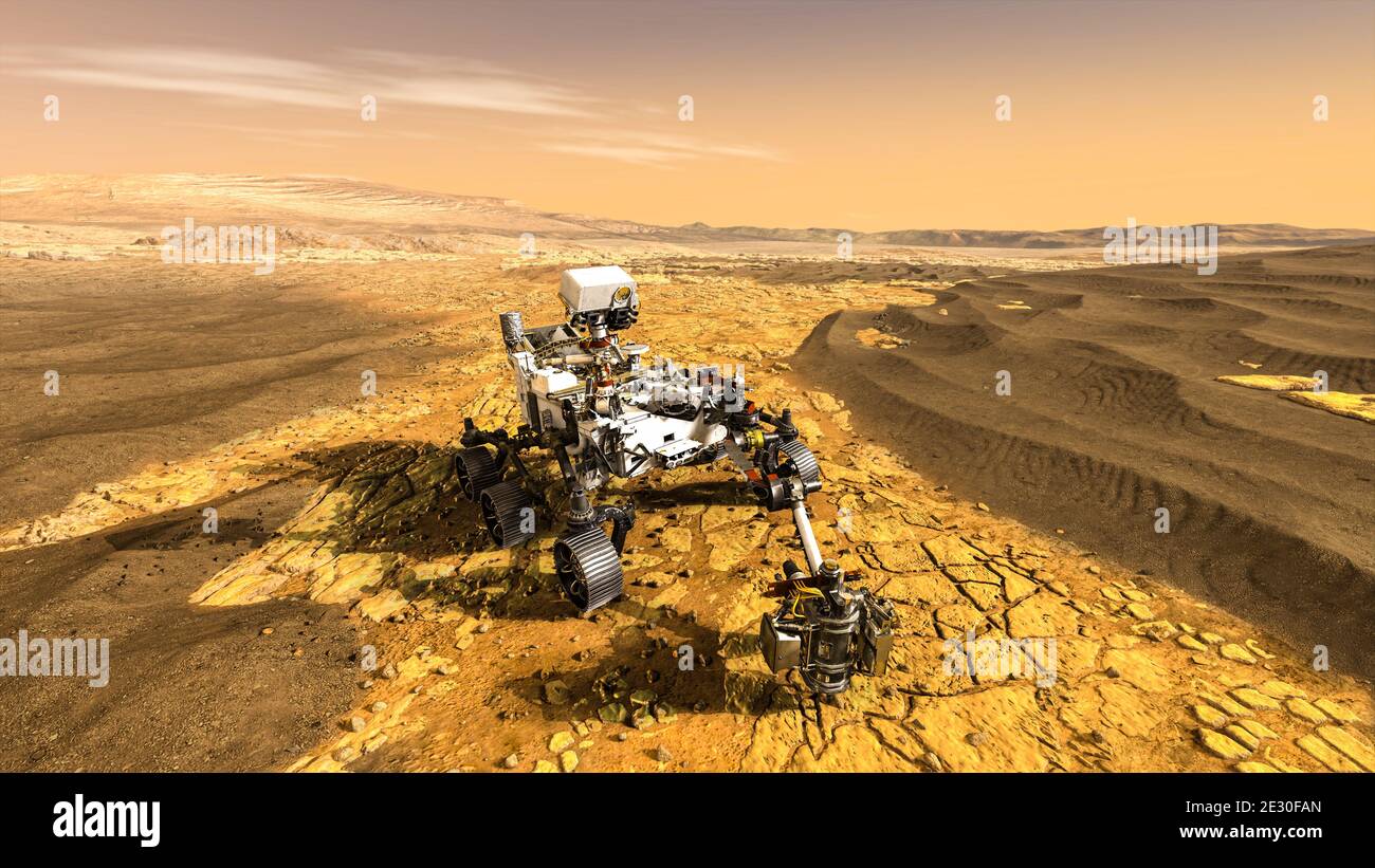 Unbemannte Rover Fahrzeug auf Mars Exploration Mission läuft durch den Planeten Boden . 3D-Illustration . Elemente dieses Bildes, die von der NASA eingerichtet wurden Stockfoto