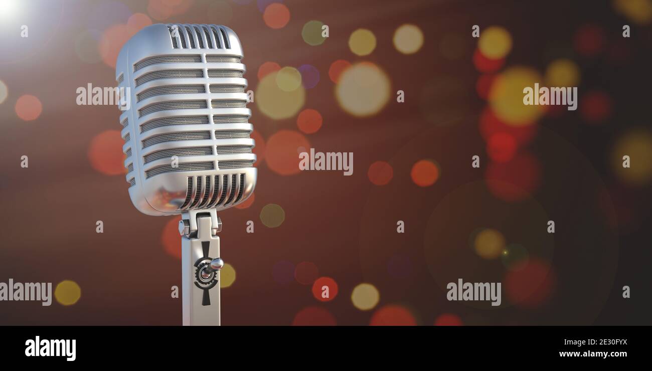 Retro-Mikrofon. Live-Kontakt mit Publikum für Rede, Präsentation, Musik für Unterhaltung durch klassische Metal-Mikrofon, verwischen Bokeh Hintergrund. 3d-il Stockfoto