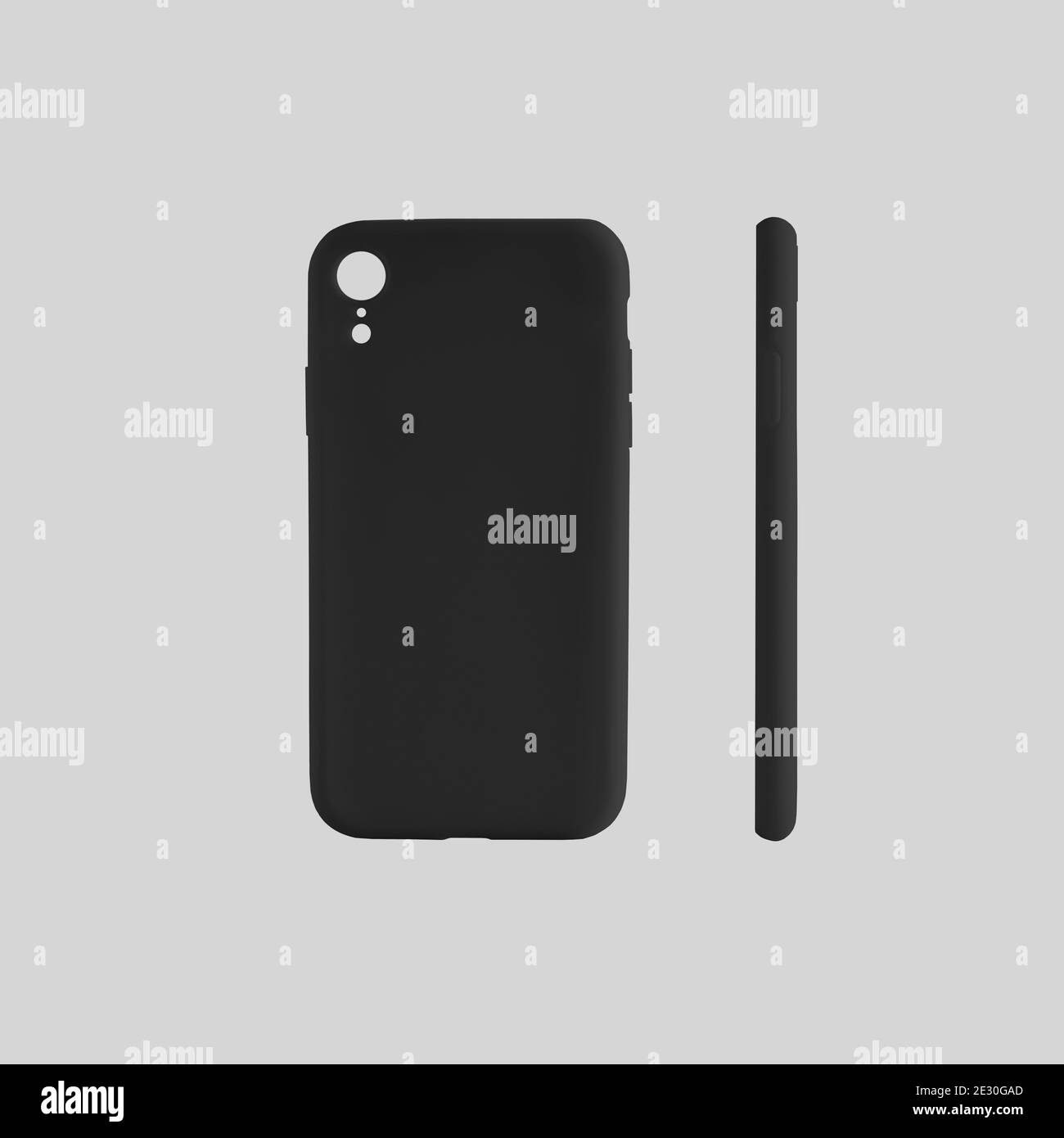 Mockup von schwarzen Kunststoff-Container auf Smartphone isoliert auf einem weißen Hintergrund. Eine leere Fallvorlage zur Präsentation von Design und Werbung in t Stockfoto