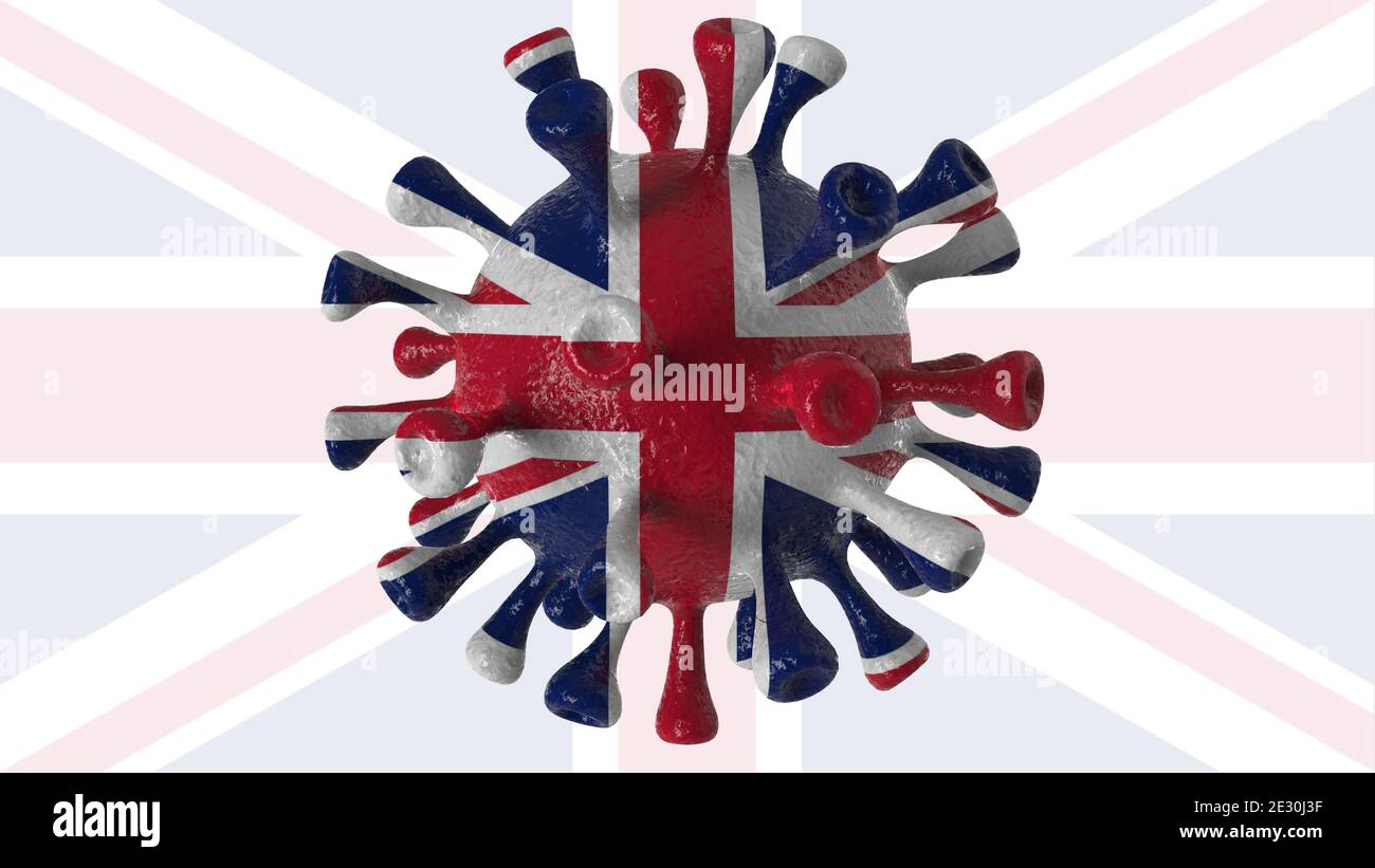 Covid britische und england Variante isoliert auf weißem Hintergrund, covid-19 Virus mit englischer Flagge. Stockfoto