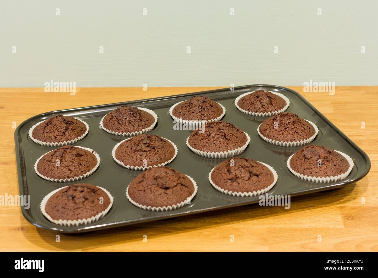 Gerade gebackene Schokolade Märchen Kuchen, Cupcakes, Großbritannien Stockfoto