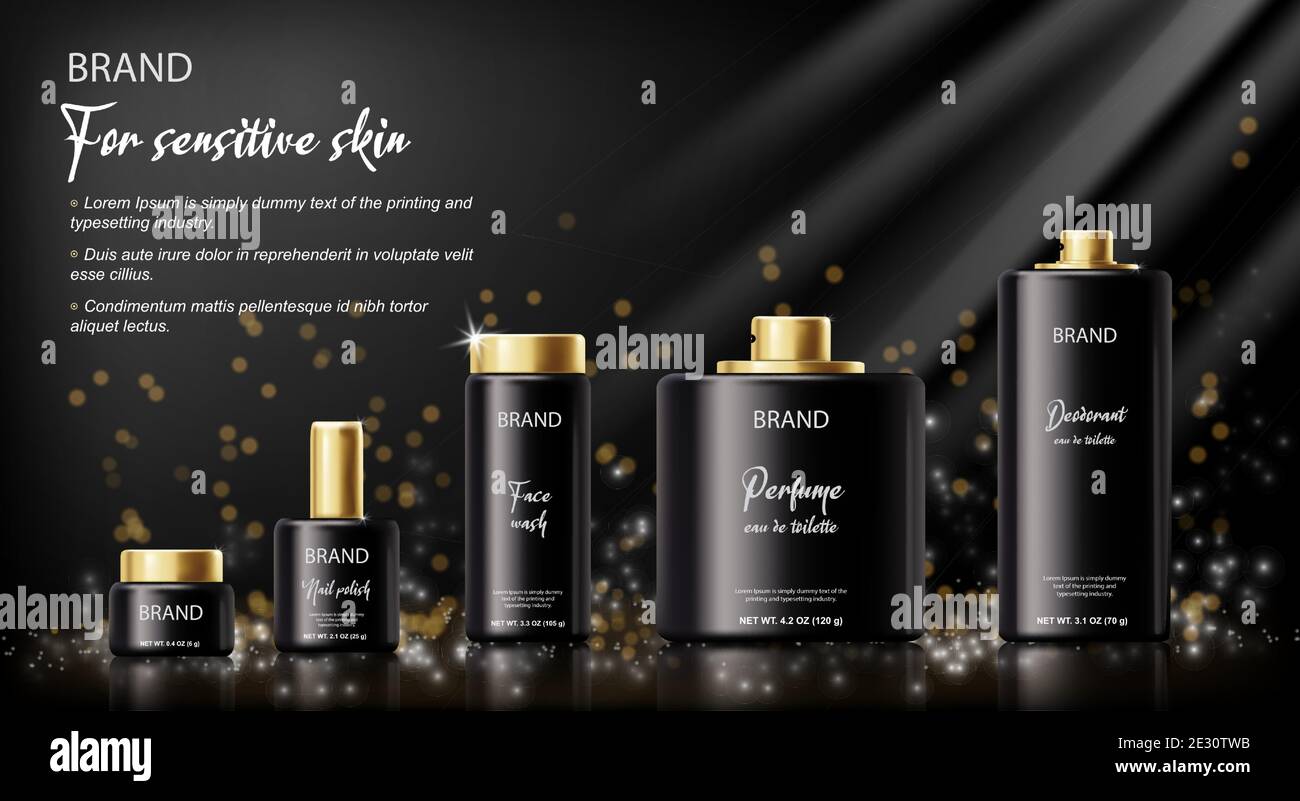Luxus-Hautpflege-Set von Produkten in modernen schwarzen Behältern mit Beispieltext. Vector 3D Konzept der Kosmetik-Anzeigen Marketing auf der Bühne oder im Einzelhandel Display Stock Vektor