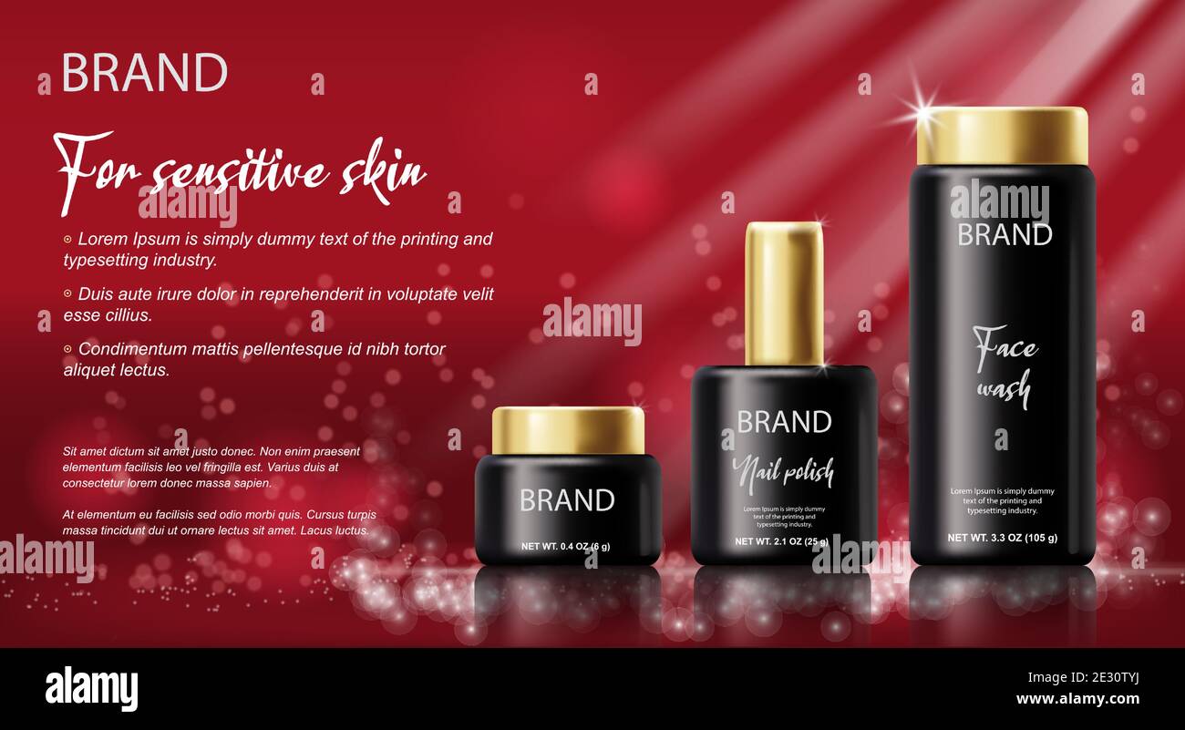 Luxus-Hautpflege-Set von Produkten in modernen schwarzen Behältern mit Beispieltext. Vector 3D Konzept der Kosmetik-Anzeigen Marketing auf der Bühne oder im Einzelhandel Display Stock Vektor
