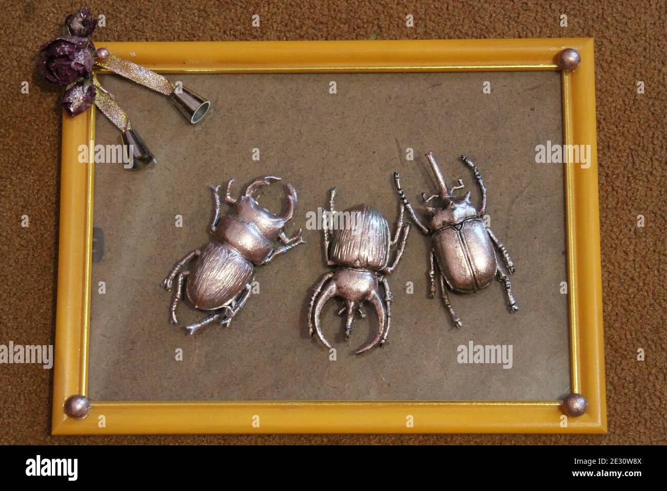 Drei goldene Käfer im Rahmen für Geschenke im Urlaub oder Dekoration Stockfoto