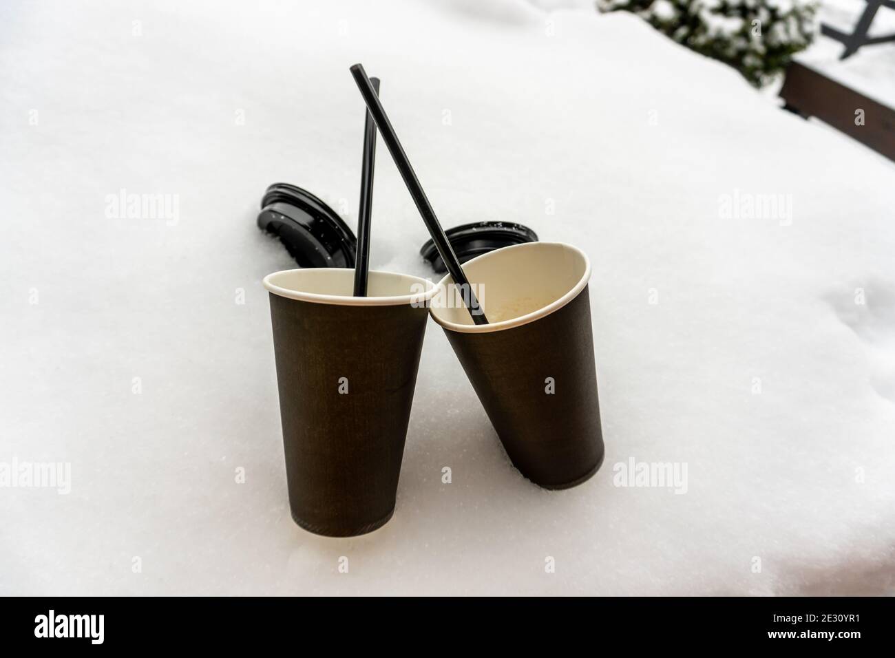 Zwei Pappbecher mit Kaffee halten warm auf einem Schal im Schnee, Winter Liebesgeschichte Stockfoto