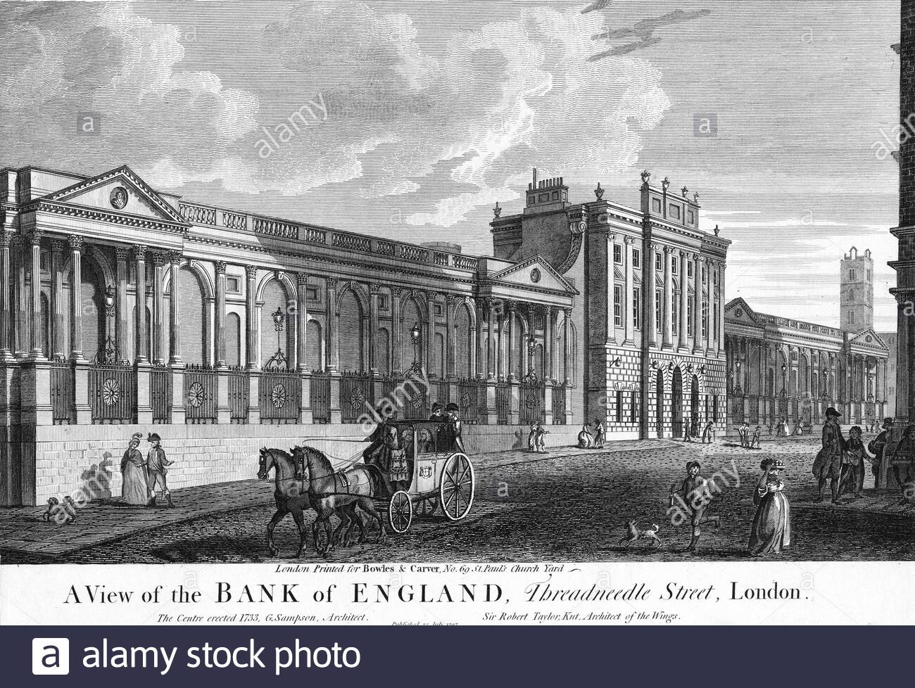 Eine Ansicht der Bank of England, Threadneedle Street, London, Vintage Stich von 1797 Stockfoto