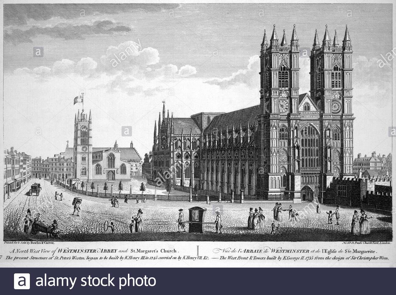 Nordwest Ansicht von Westminster Abbey und St. Margarets Kirche, Vintage Stich von 1780 Stockfoto
