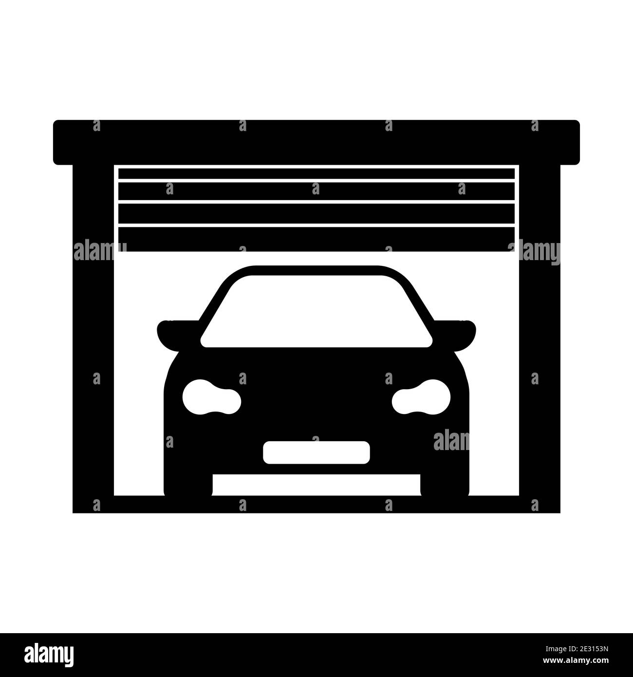 Garage Tür öffnen und Fahrzeugsymbol. Startseite Parkplatz schwarzes Symbol. Vektorgrafik. Stock Vektor