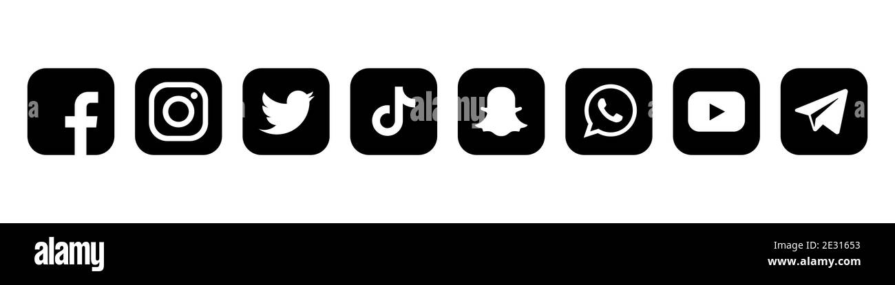 Social Media Icons: Faceboock, Instagram, Twitter, TikTok, Snapchat, Viber, Telegram, YouTube. Stock Vektor