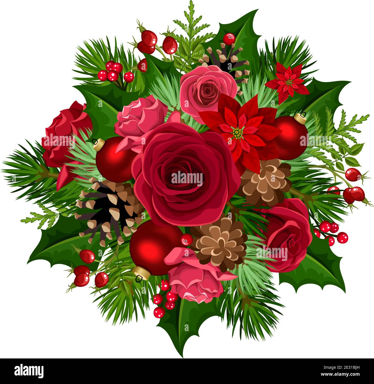 Vektor Weihnachtsstrauß mit roten Rosen, Weihnachtsblumen, Kugeln, Stechpalme, Tannenzweigen und Zapfen isoliert auf weißem Hintergrund. Stock Vektor