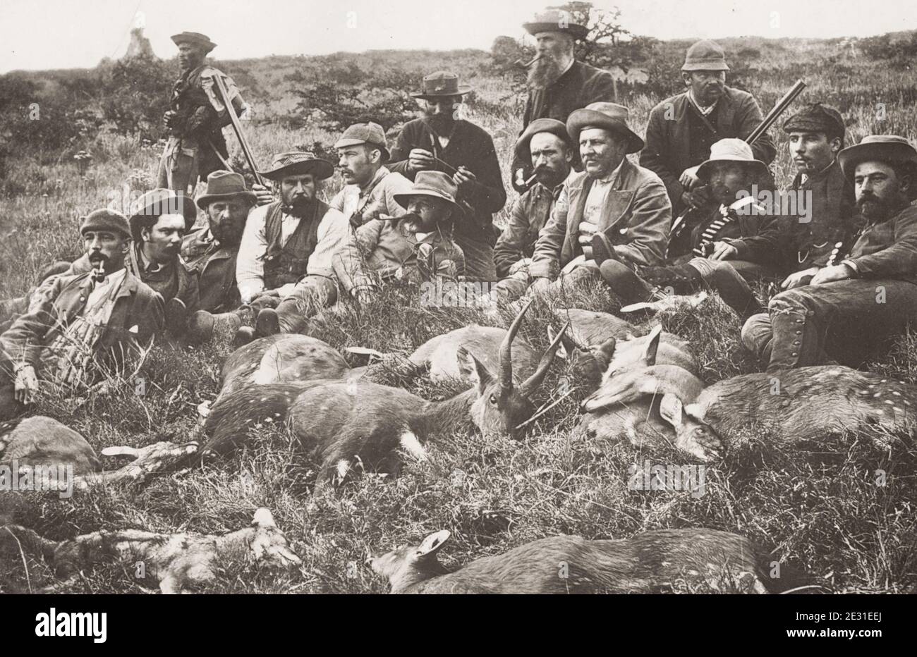 Vintage Foto des 19. Jahrhunderts: Jäger mit ihrem Rotwildfang, Südafrika. Stockfoto