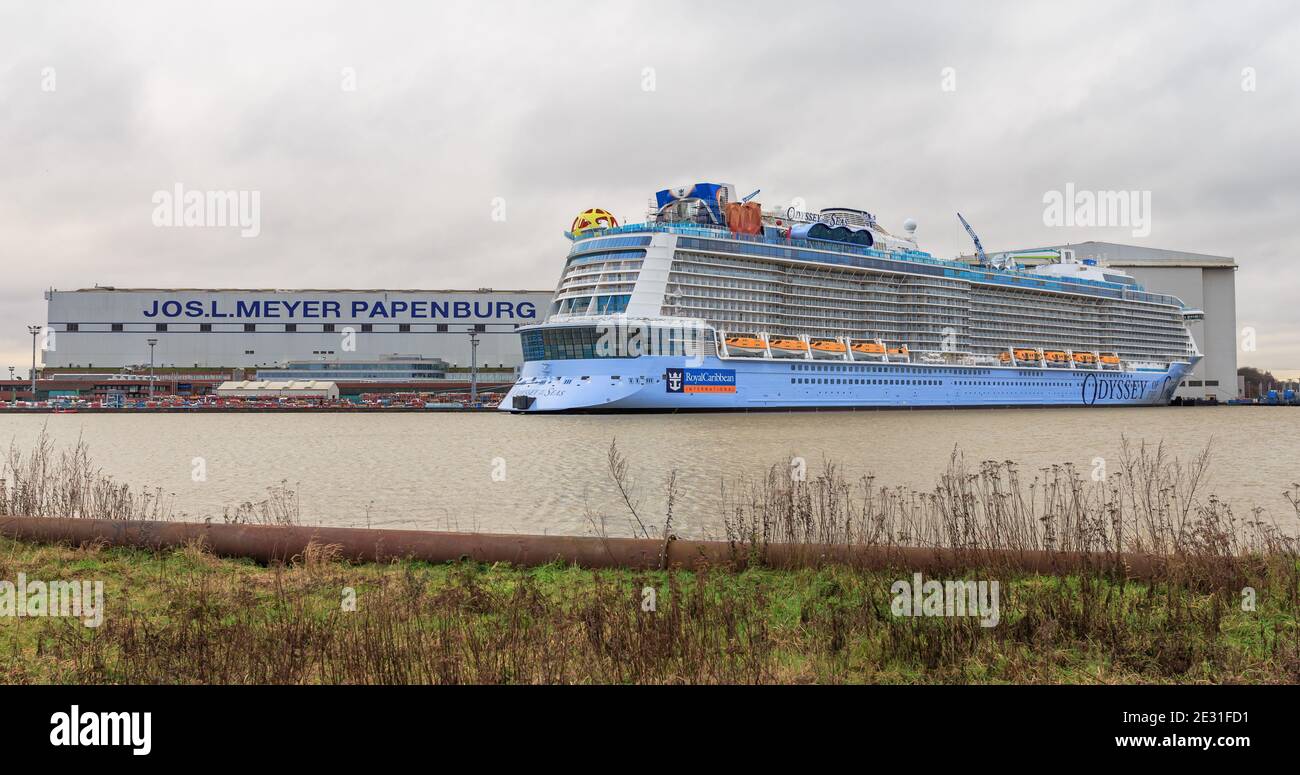 Odyssee der Meere bei der Endmontage auf der Meyer Werft in Papenburg Stockfoto