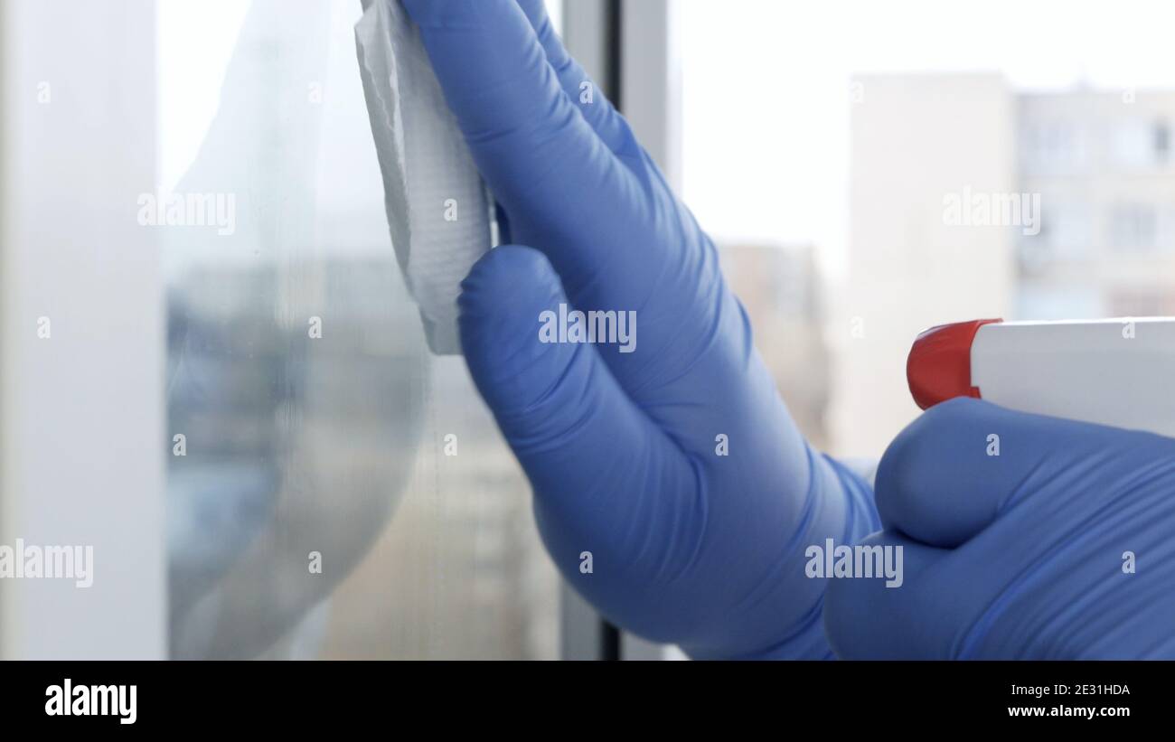 Bild mit Händen Tragen von Schutzhandschuhen Reinigen eines Fensters mit Desinfektionsmittel-Spray Stockfoto
