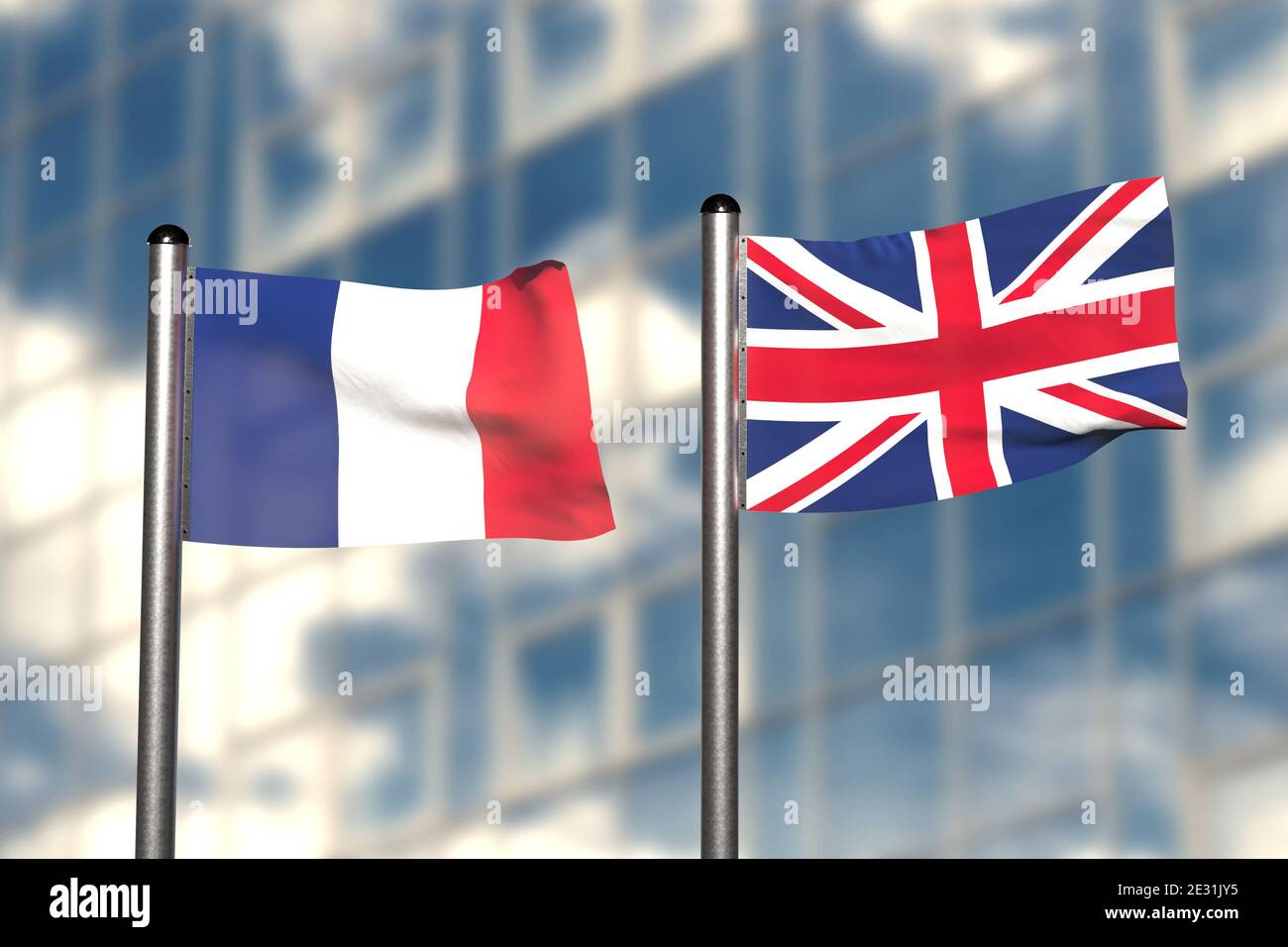 3d-Rendering einer Flagge Frankreichs und Großbritanniens, vor einem verschwommenen Hintergrund, mit einem Stahlfahnenmast Stockfoto
