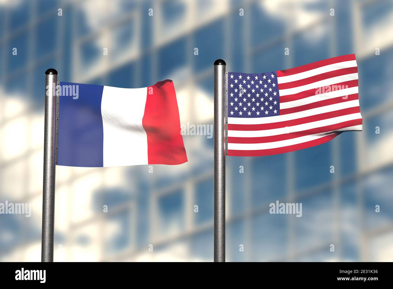 3d-Rendering einer Flagge Frankreichs und der USA, vor einem verschwommenen Hintergrund, mit einem Stahlfahnenmast Stockfoto