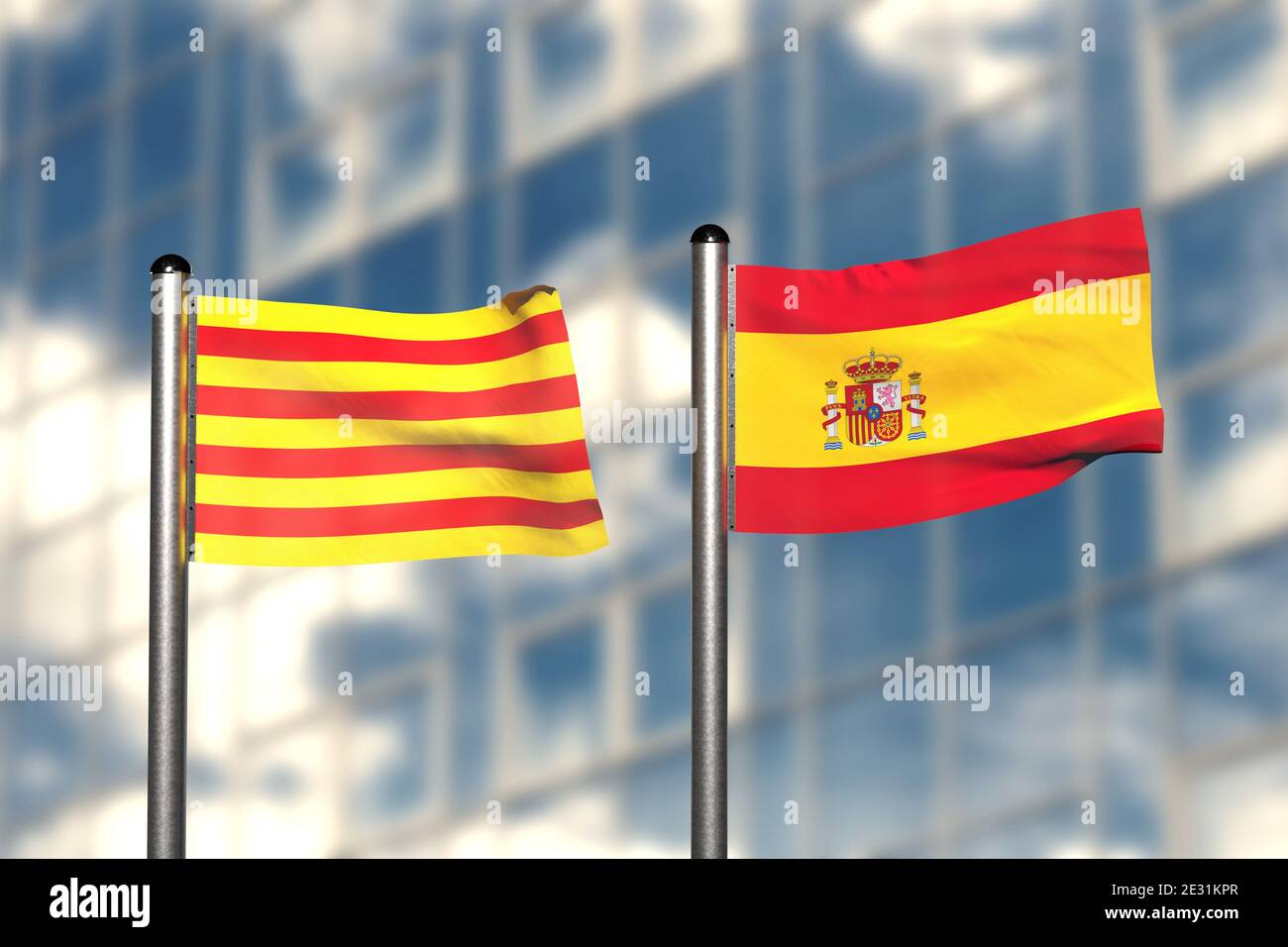 3d-Rendering einer Flagge Kataloniens und Spaniens, vor einem verschwommenen Hintergrund, mit einem Stahlfahnenmast Stockfoto