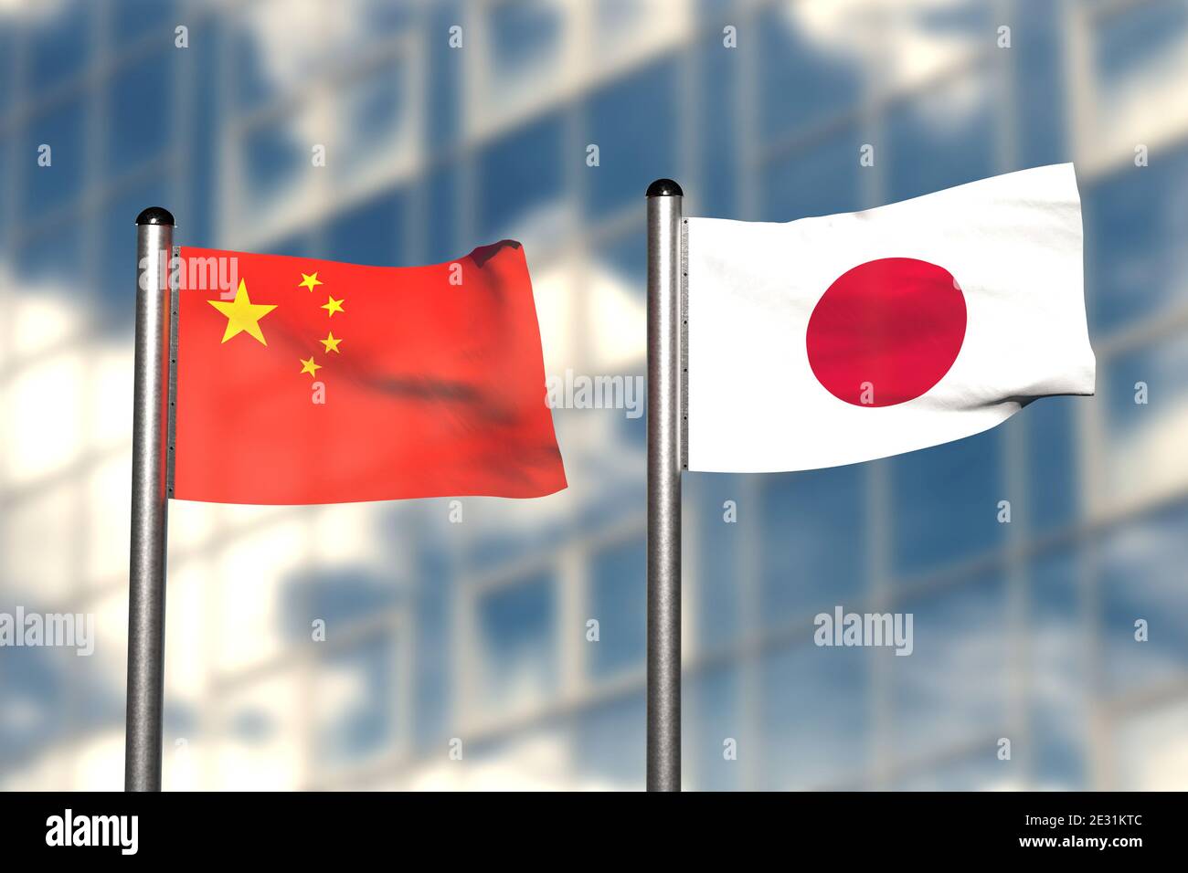 3d-Rendering einer Flagge Chinas und Japans, vor einem verschwommenen Hintergrund, mit einem Stahlfahnenmast Stockfoto