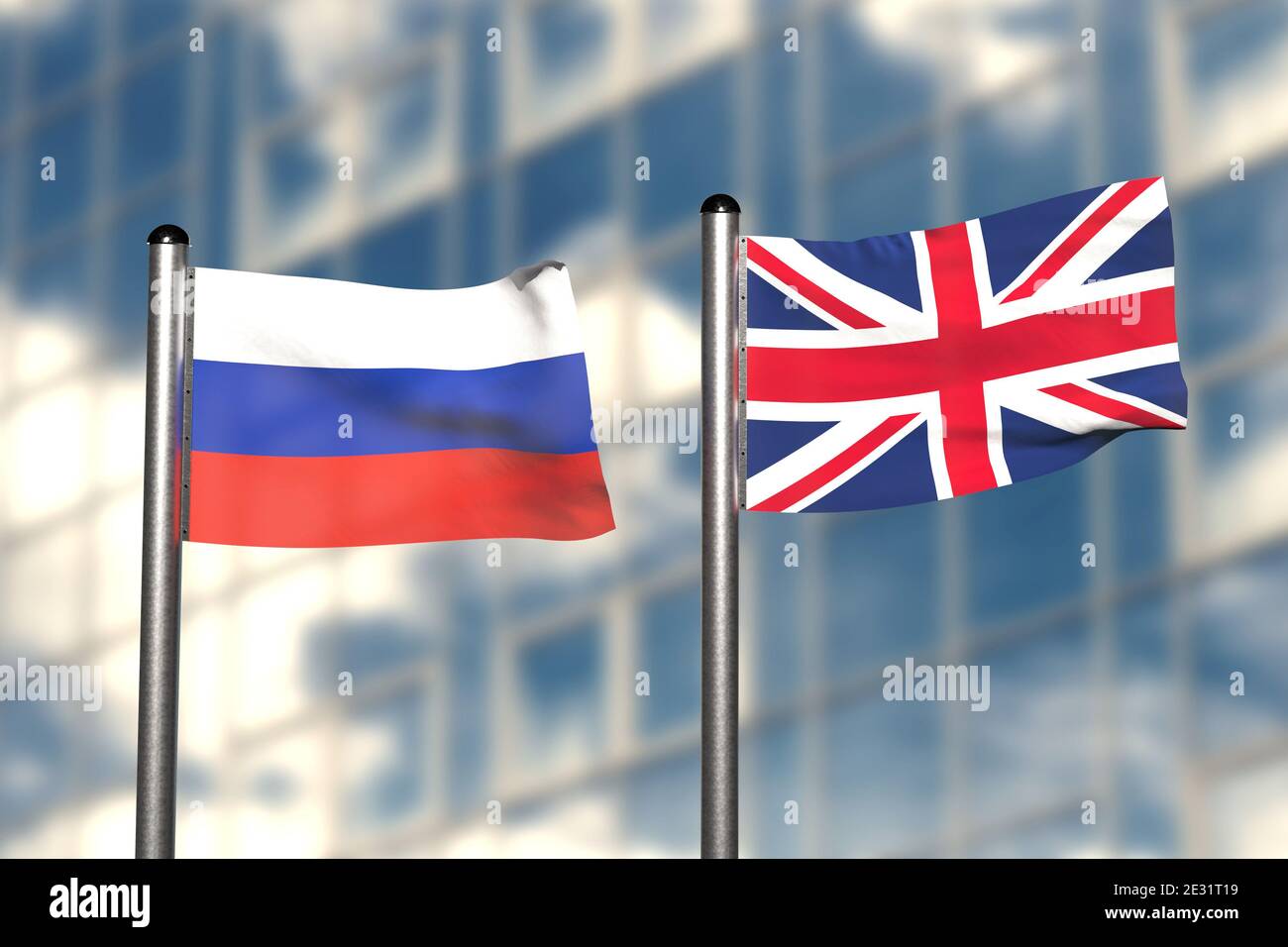 3d-Rendering einer Flagge Russlands und Großbritanniens, vor einem verschwommenen Hintergrund, mit einem Stahlfahnenmast Stockfoto