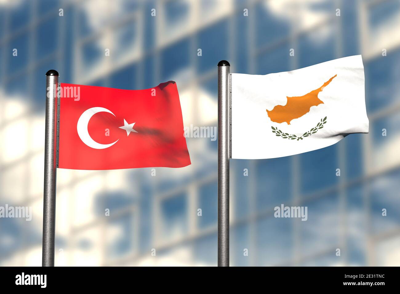 3d-Rendering einer Flagge von Tukey und Zypern, vor einem verschwommenen Hintergrund, mit einem Stahlfahnenmast Stockfoto