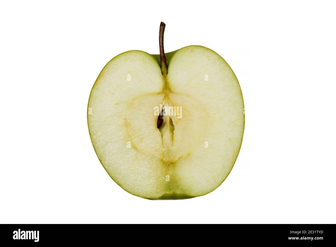 Halb kleiner grüner Apfel isoliert auf weiß Stockfoto