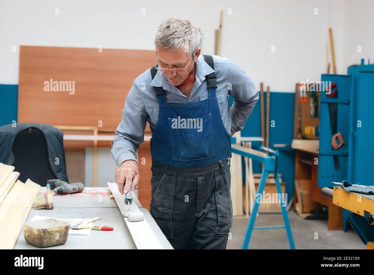 Ein älterer Tischler in Overalls und Gläsern malt ein Holzbrett mit einer Walze auf eine Werkbank in einer Schreinerei. Stockfoto
