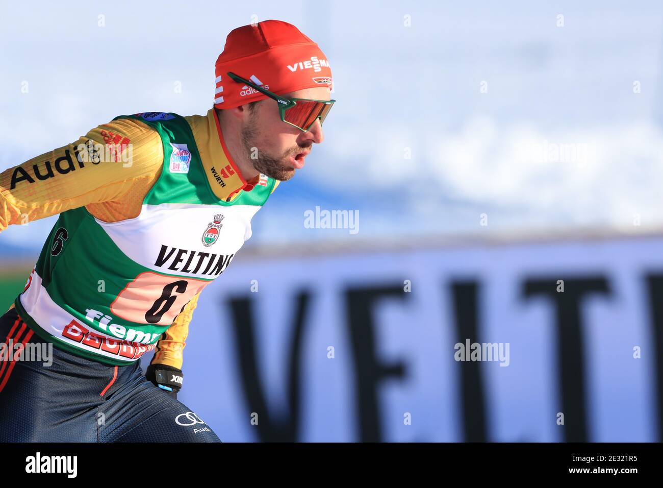 Val Di Fiemme, Trentino, Italien. 16. Januar 2021; Val Di Fiemme, Predazzo, Trentino, Italien; International Ski Federation Nordic Combined Team Sprint World Cup, Johannes Rydzek (GER) Credit: Action Plus Sports Images/Alamy Live News Stockfoto