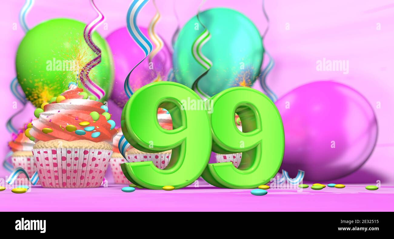 Geburtstagskuchen mit Funkenkerze mit der Nummer 99 groß In grün mit Cupcakes mit roter Creme mit Schokolade verziert Chips und Luftballons auf Th Stockfoto
