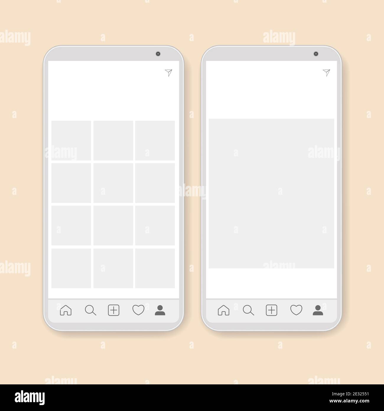 Mock-up-Telefon für soziale Netzwerke. Moderne Anwendung mit Vorlage für Fotos. Benutzerprofil, Post, Schaltflächen, Rahmen für Foto. Isolierter Vektor Stock Vektor