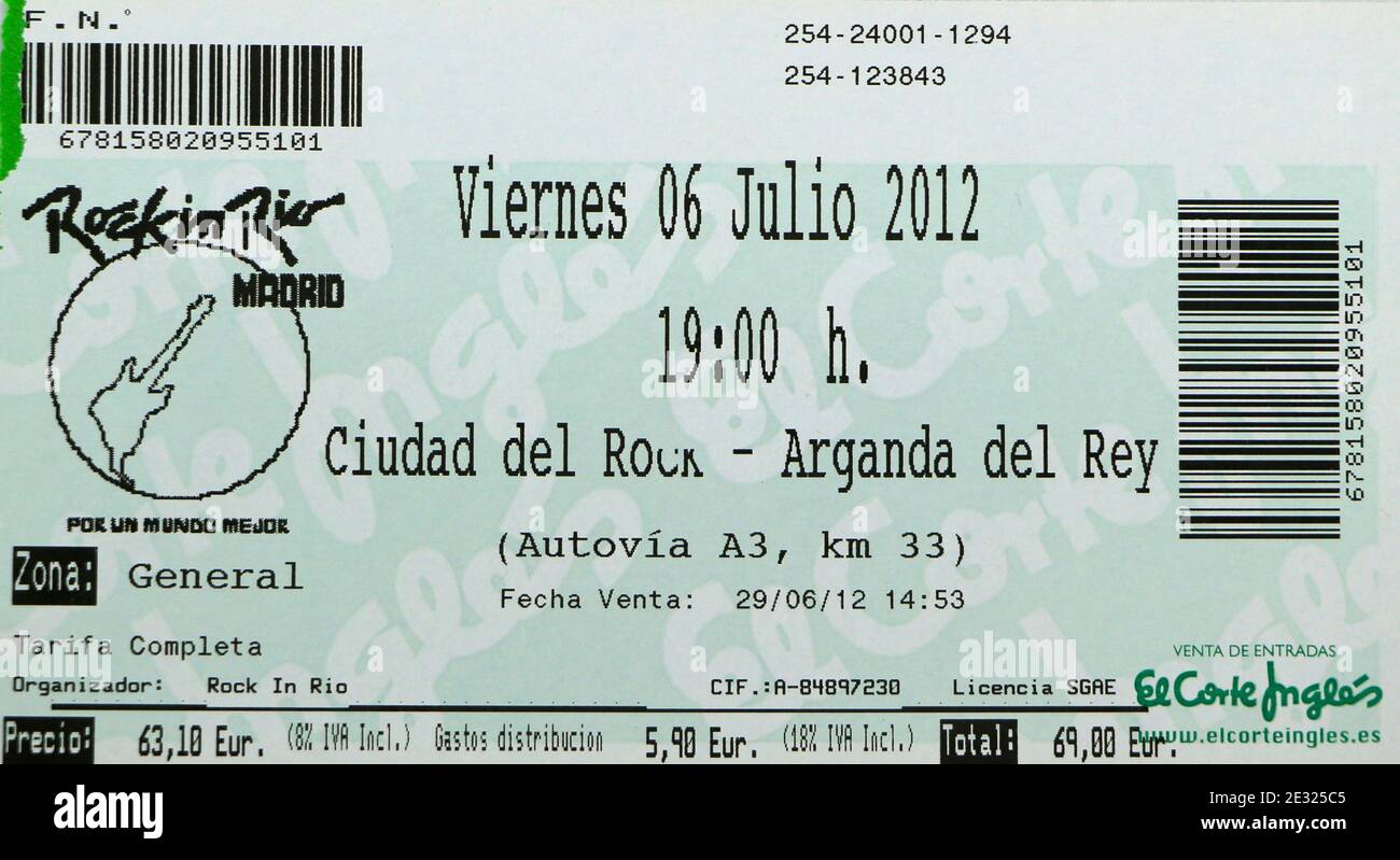 Allgemeine Eintrittskarte für Rock in Rio III in Arganda Del Rey Madrid Spanien 6. Juli 2012 mit David Guetta Und Pitbull Stockfoto